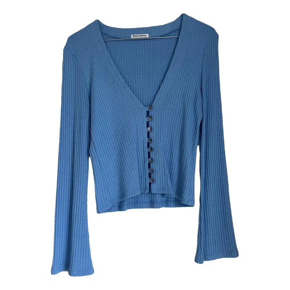 Reformation Blue Ribbed V-Neck Button Front Flare Sleeve Cardigan Top Small f5